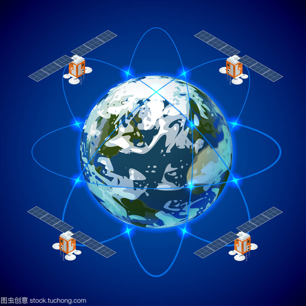 網(wǎng)絡(luò)和衛(wèi)星數(shù)據(jù)交換在行星地球在空間中。Gps 衛(wèi)星